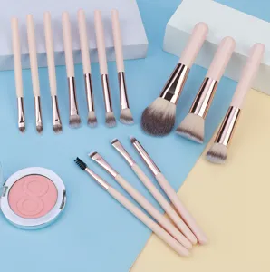 Detailaufnahme eines rosa Make-up Pinsel Sets mit weichen Borsten und kompaktem Rouge.