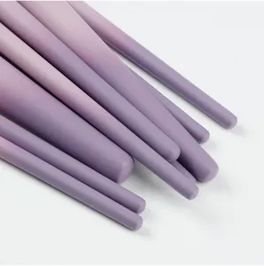 Gedetailleerd overzicht van paarse verloop make-up borstel handgrepen kosmetica.