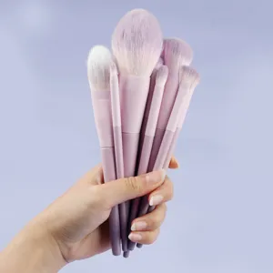 Gedetailleerd overzicht van zachte paarse verloop penseelharen en matte handgreep voor make-up.