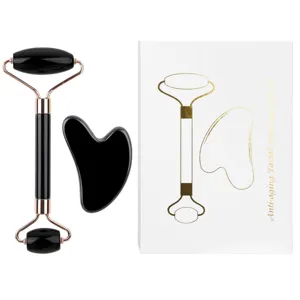 Set rullo viso in giada nera e gua sha con confezione regalo per massaggio antirughe.
