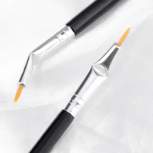 Professional angled eyeliner brush with fine tip and black handle for precise eye makeup detail.