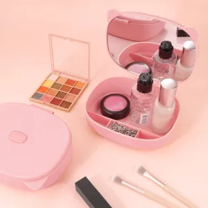Süßer Katze Ohr Faltbarer Make-up Spiegel Mit Kosmetik Organizer Kunststoff Desktop Kosmetikspiegel Kompakte Aufbewahrungsbox Für Frauen Rosa