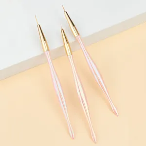 Detail view of 3pcs pearl pink nail art liner brushes with fine tips and metallic gold ferrules.