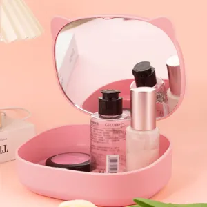 Rosa Katzenohr Falt-Schminkspiegel mit Aufbewahrungsbox für Kosmetik und Desktop.