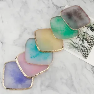 Square resin nail art palette coaster set, agate design with gold edge for mixing.