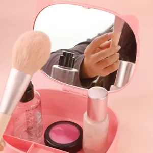 Rosa Katzenohr klappbarer Make-up-Spiegel Aufbewahrungsbox Desktop Kosmetik-Organizer