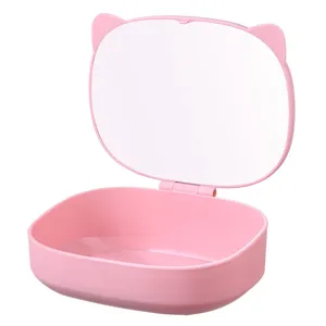 Rosa Katzenohren Faltbarer Make-up Spiegel mit Aufbewahrungsbox Schreibtisch Schminkspiegel