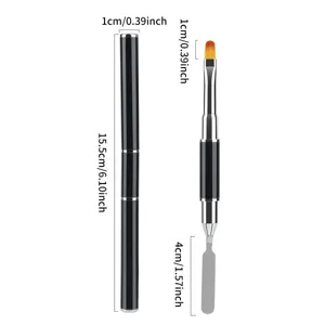 Dual-ended nail art brush detail view showing precise dimensions, metal spatula and soft bristles.