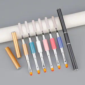 Dual-head nail art brush set with metal spatula and gel phototherapy pen for salon.