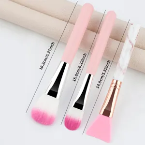 Ensemble de 3 pinceaux de maquillage professionnels avec manches roses et brosse masque.