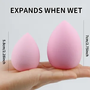 Pink teardrop makeup sponge blender detail showing size comparison for smooth foundation finish.