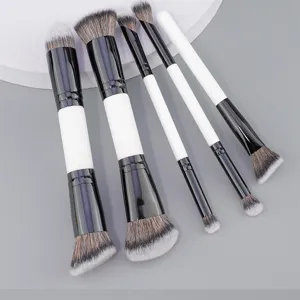 5-piece double-ended makeup brush set with black and white handles for flawless face and eyes.