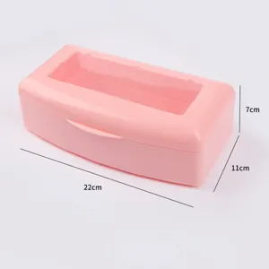 Pink plastic nail disinfection box with clear lid, compact size 22x11x7cm for storage.