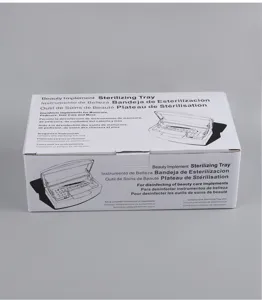 Professional beauty implement sterilizing tray box for nail and hair tool cleaning.