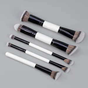 5-piece double-ended makeup brush set with black and white handles for flawless face and eye application.