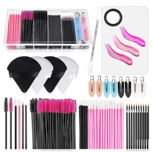 Set de brochas de maquillaje desechables con cepillos de pestañas, borlas y paleta de belleza.