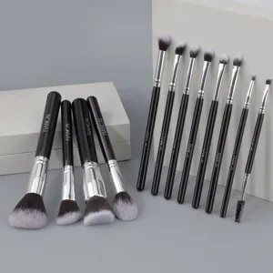 12 Pcs Professional Makeup Brush Set Soft Bristles Black Silver Travel Cosmetic Tool