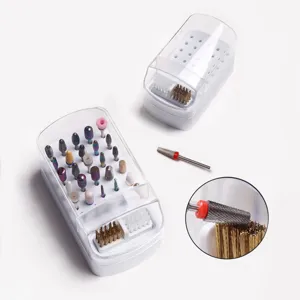 30-hole nail drill bit storage box with cleaning brush, clear dust cover and detail view.
