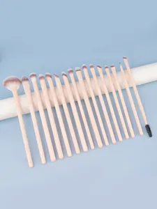 16-piece nude makeup brush set with soft synthetic bristles and pink handles for precise eye makeup.