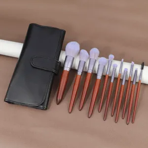 11pcs professional makeup brush set with soft bristles wooden handle and portable leather bag