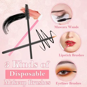 Detalle del juego de brochas de maquillaje desechables con cepillos de pestañas y labios.