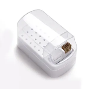 30-hole nail drill bit organizer box with cleaning brush and clear dust cover for salon use.