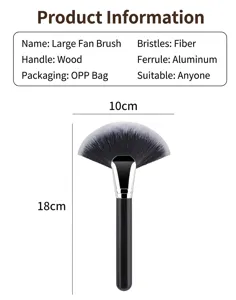 Large wooden handle fan makeup brush with soft synthetic fibers for highlighter and powder.