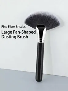 Large fan makeup brush with soft synthetic fibers, ideal for highlighting and sweeping powder.