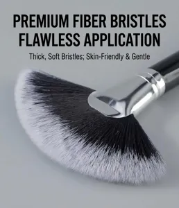 Detail view of the soft synthetic fiber fan makeup brush bristle texture close up.