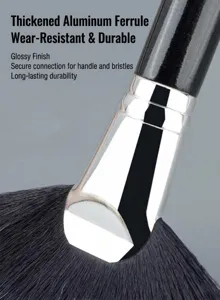 Large fan makeup brush with thickened aluminum ferrule soft synthetic bristles for highlighter.