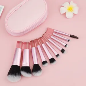 10-piece mini travel makeup brush set with storage pouch, soft bristles for daily use.