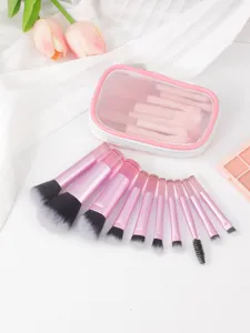 Juego de 10 brochas de maquillaje portátiles con bolsa de malla rosa, herramientas.