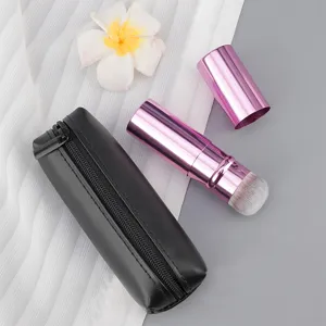 Portable retractable makeup brush with black PU zipper pouch, perfect for blush and powder application.