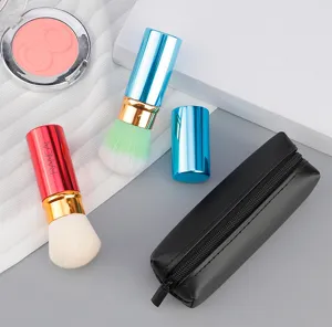 Portable retractable makeup brush set with PU zipper bag, soft blush and powder brushes.