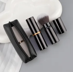 Portable retractable makeup brush set with PU zipper pouch for travel, soft cosmetic tool.