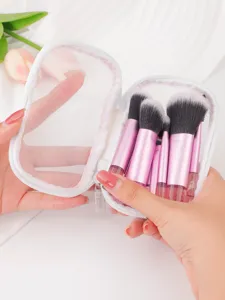 Set de brochas de maquillaje portátiles con estuche de malla blanca para viajes diarios