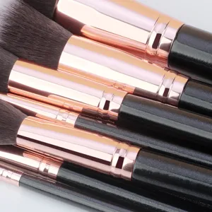 Premium Black Gold Makeup Brush Set With Wooden Handle Soft Synthetic Hair Cosmetic Blending Brushes Foundation Powder Eyeshadow Tool For Women Daily Travel