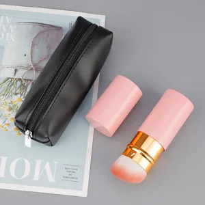 Portable retractable makeup brush set with black PU zipper pouch, soft blush powder brush.