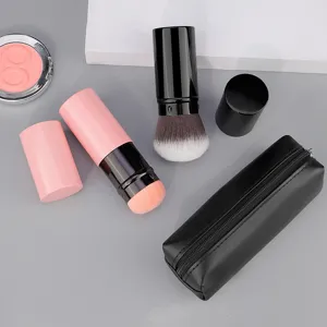 Retractable makeup brush set with black PU zipper storage bag, professional cosmetic tools.