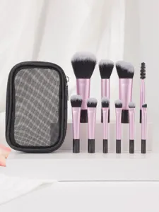 Juego de 10 Pinceles de Maquillaje Profesionales con Bolsa de Malla Negra y Mangos Rosas