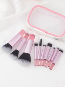 Juego de 10 brochas de maquillaje portátiles con bolsa de malla para una aplicación precisa.