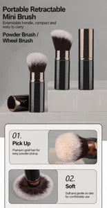 Portable retractable makeup brush set, soft wool powder and contour brushes for travel use.