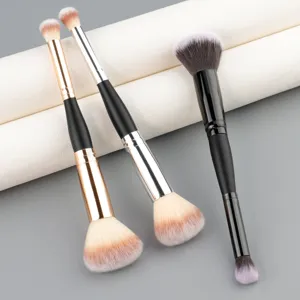Multi-Functional Double-Ended Makeup Brush Portable Wooden Handle Synthetic Fiber Soft Hair Facial Cosmetic Tool