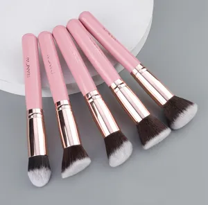 5-piece pink makeup brush set with soft bristles, rose gold ferrule and elegant handle details.