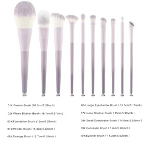 Professionele 10-delige paarse make-up penseelset met zachte haren voor gezicht en ogen.