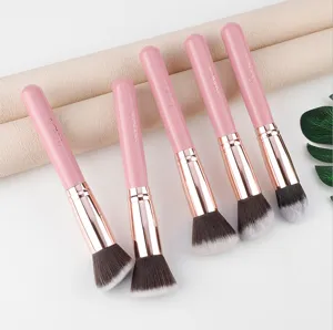 5pcs pink makeup brush set with soft bristles and rose gold ferrule for daily face makeup.