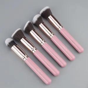 Detail shot of 5-piece makeup brush set with soft bristles and pink handles for flawless makeup