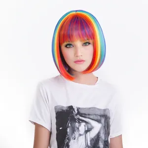 Colorful Rainbow Bob Wig With Bangs Synthetic Short Hair Gradient Colored Wig For Daily Party Cosplay Women