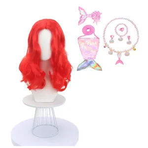 Parrucca rossa ondulata set costume cosplay sirena con borsa di paillettes e perle.