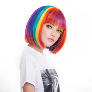Rainbow multi-color bob synthetic wig with bangs for daily party wear, detail view.